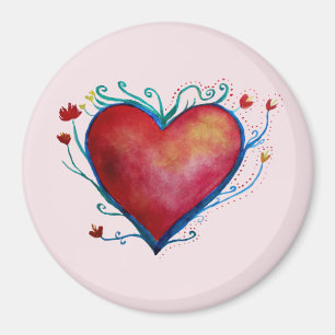 Aquarelle du coeur Grand, Aimant rond 3 pouces
