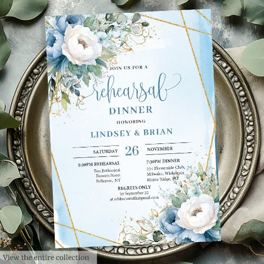 Aquarelle Dusty Blue Floral Gold Invitation