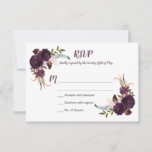 Aquarelle Eggplant violet Roses Floral Boho RSVP (Devant)