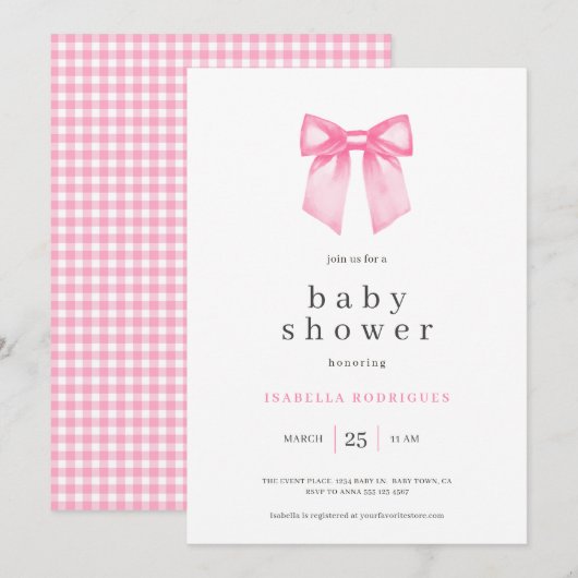 Aquarelle Elegant Pink Bow Baby shower Invitation (Devant / Derrière)