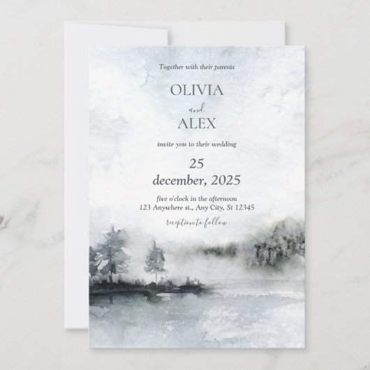 Aquarelle élégante en hiver Invitation de mariage (Devant)