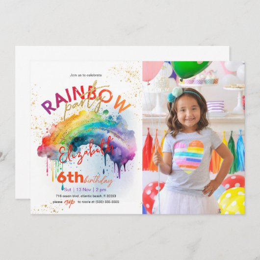 Aquarelle en or arc-en-ciel photo Invitation d'ann (Devant / Derrière)