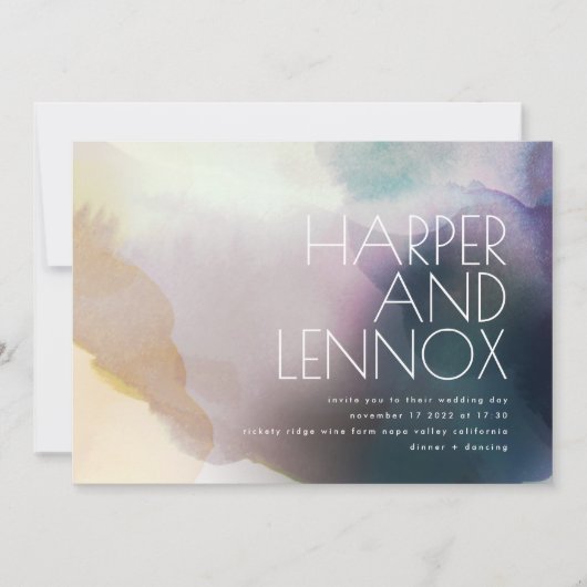 Aquarelle en violet et Faire-part de mariage or (Devant)