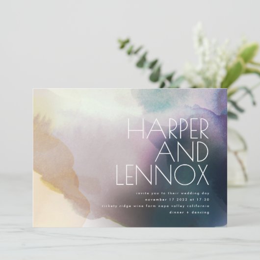 Aquarelle en violet et Faire-part de mariage or (Debout devant)