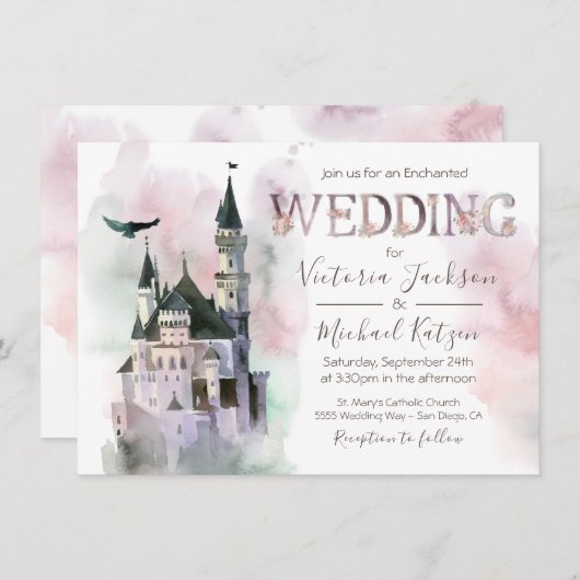Aquarelle Enchanted Castle Faire-part de mariage (Devant / Derrière)