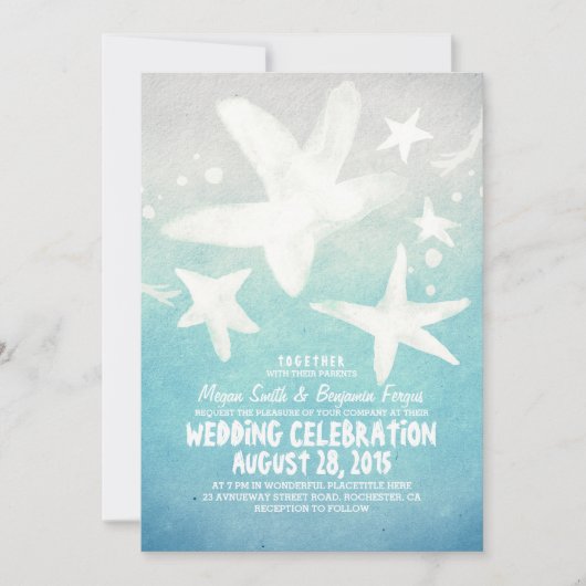 aquarelle étoile bleu plage mariage invitations (Devant)