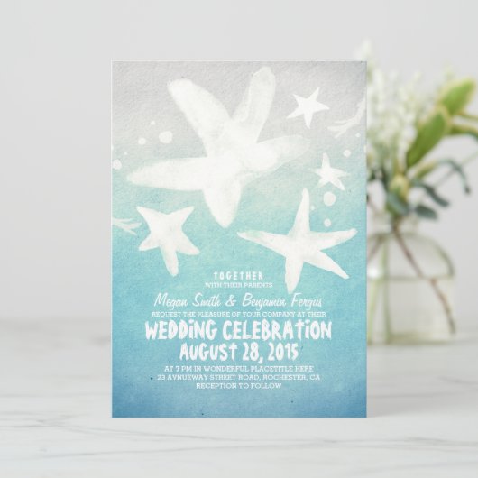 aquarelle étoile bleu plage mariage invitations (Debout devant)