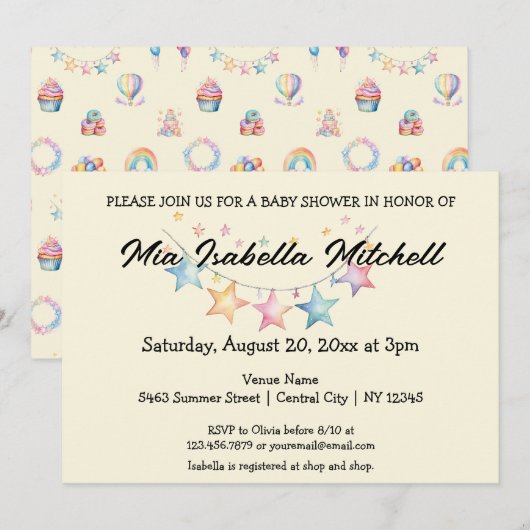 Aquarelle Étoiles Baby shower mignonne Invitation (Devant / Derrière)