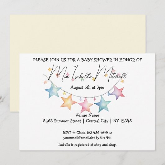 Aquarelle Étoiles Invitation Baby shower (Devant / Derrière)