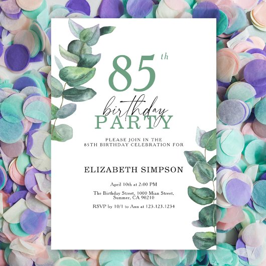 Aquarelle eucalyptus 85ème anniversaire Invitation