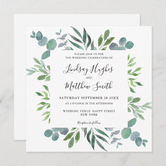 Aquarelle Eucalyptus Faire-part de mariage vert (Devant / Derrière)