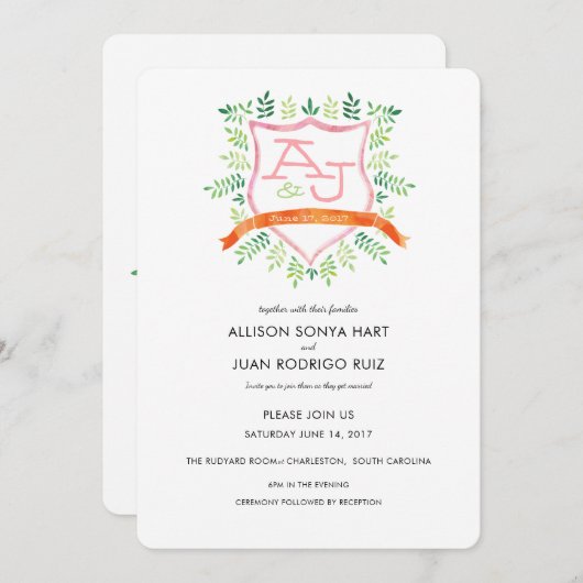 Aquarelle Faire-part de mariage avec Monogramme de (Devant / Derrière)