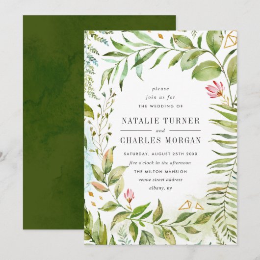 Aquarelle Faire-part de mariage de feuillage vert (Devant / Derrière)