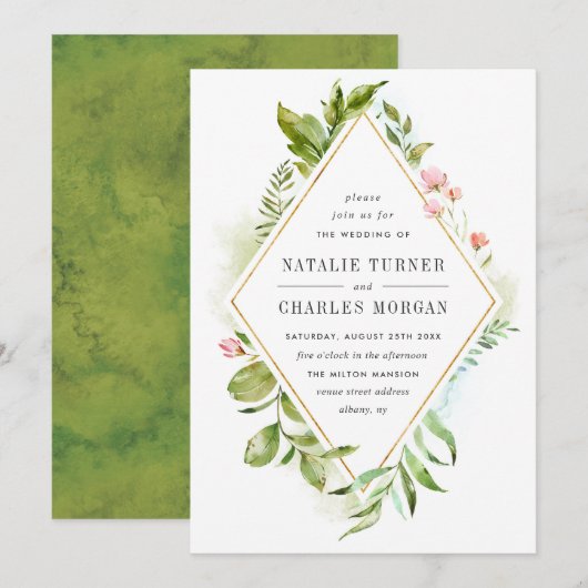 Aquarelle Faire-part de mariage de feuillage vert (Devant / Derrière)