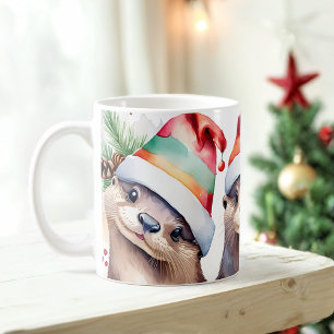 Aquarelle Festive Otters Christmas Mug
