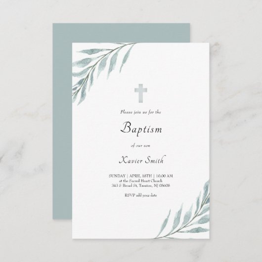 aquarelle feuillage design invitation baptême (Devant / Derrière)