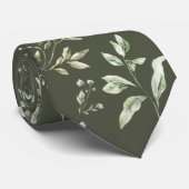 Aquarelle feuillage sur cravate vert olive (Roulé)