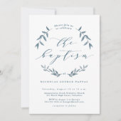 Aquarelle feuille bleu baptême invitation (Devant)