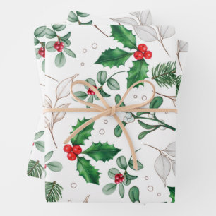 Aquarelle Feuilles de Noël et baies Blanc