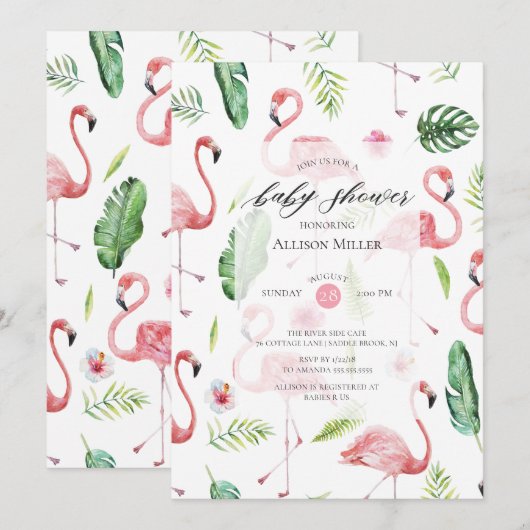 Aquarelle Flamant rose rose Baby shower Invitation (Devant / Derrière)