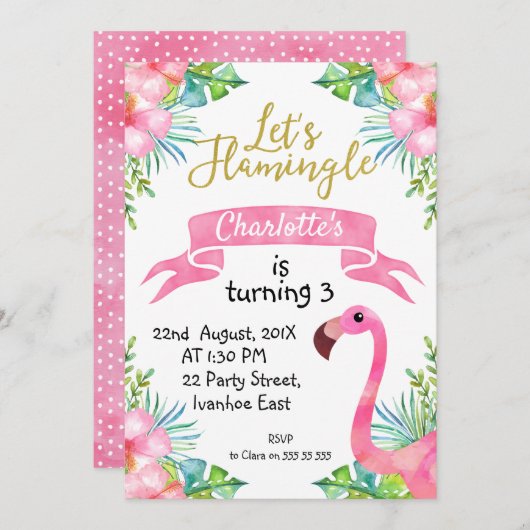 Aquarelle Flamingle Anniversaire Invitation (Devant / Derrière)