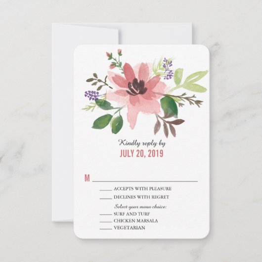 Aquarelle Fleur rose | Mariage RSVP (Devant)