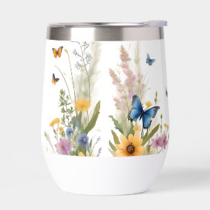 Aquarelle Fleur sauvage Gris Et Papillons,