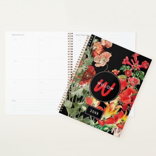 Aquarelle Fleur sauvage noir rouge Monogramme (Devant avec enveloppe)