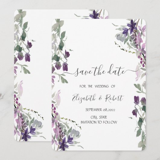 Aquarelle Fleur Sauvage Violette Faire-Part de Rem (Devant / Derrière)