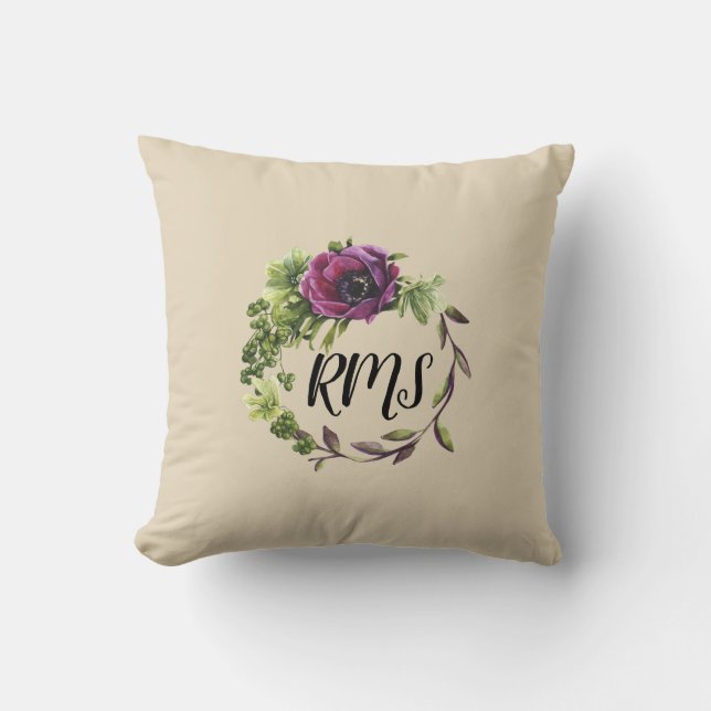 Aquarelle Fleur violet Coussin de monogramme (Recto)