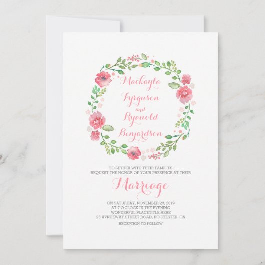 aquarelle fleurie couronne invitations mariage (Devant)