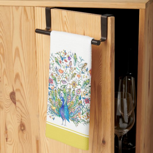 Aquarelle fleurie paon serviette de cuisine (Pliage en tiers)
