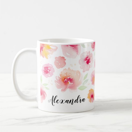 Aquarelle Fleurs Nom personnalisé Café Mug (Gauche)