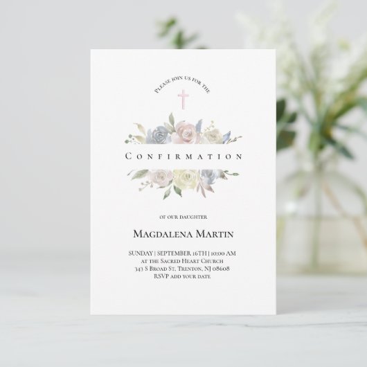 aquarelle fleurs pâles Confirmation Invitation (Debout devant)