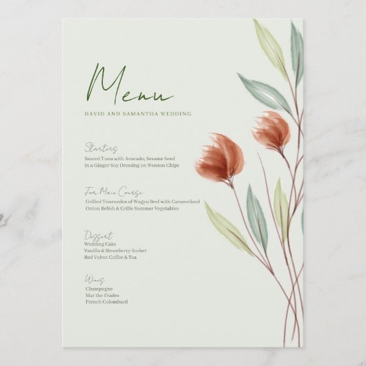 Aquarelle Fleurs Pastel Green Menu (Devant)