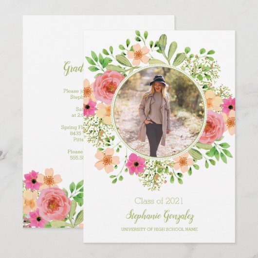 Aquarelle Fleurs Photo Graduation Invitation (Devant / Derrière)