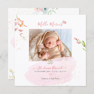 Aquarelle Fleurs Remerciement Naissance Fille Kaart