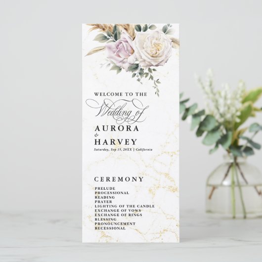 Aquarelle Fleurs Roses Élégant programme de mariag (Debout devant)