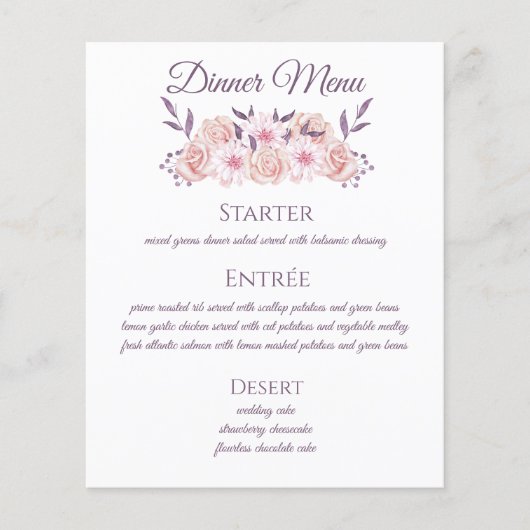 Aquarelle - Fleurs roses - Menu Mariage (Devant)