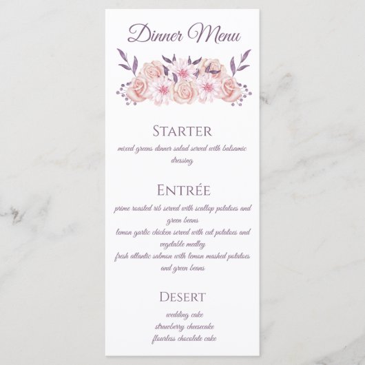 Aquarelle Fleurs roses - Menu Mariage- (Devant)