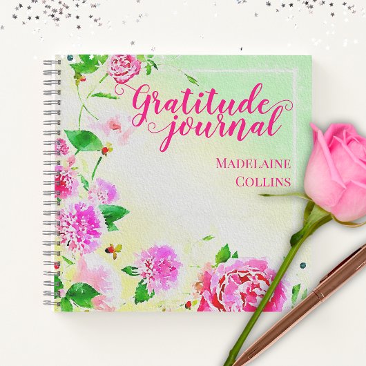 Aquarelle Fleurs Roses Sur Green Gratitude Journal