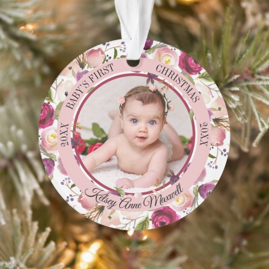Aquarelle Floral Baby's First Christmas Photo Orn (Arbre)