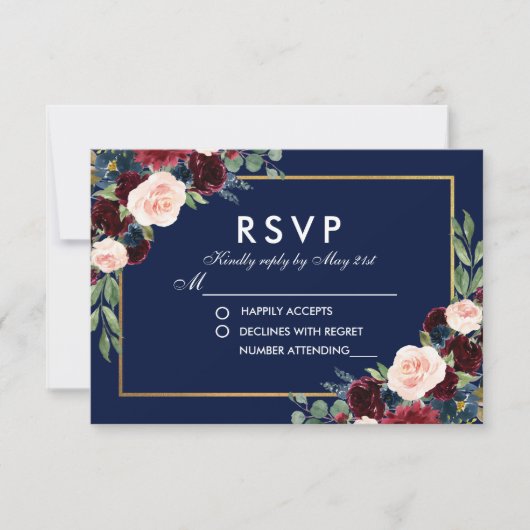 Aquarelle Floral Bleu Bourgogne Mariage RSVP (Devant)