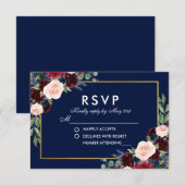 Aquarelle Floral Bleu Bourgogne Mariage RSVP (Devant / Derrière)