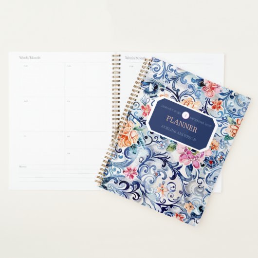 Aquarelle Floral Bleu Logo Moderne Monogramme (Devant avec enveloppe)