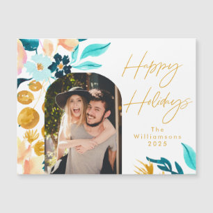 Aquarelle Floral Bleu Or 1 Photo Carte de vacances