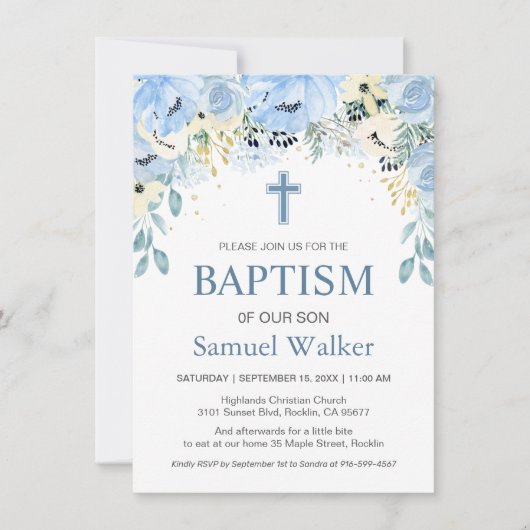 Aquarelle Floral Blue Boy Baptême Invitation (Devant)