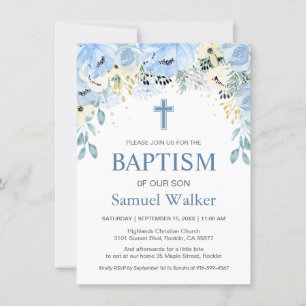 Aquarelle Floral Blue Boy Baptême Invitation
