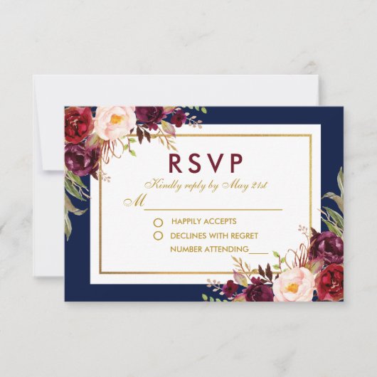 Aquarelle Floral Bourgogne Bleu Mariage Or RSVP (Devant)