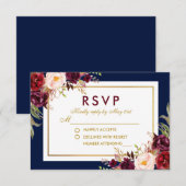 Aquarelle Floral Bourgogne Bleu Mariage Or RSVP (Devant / Derrière)